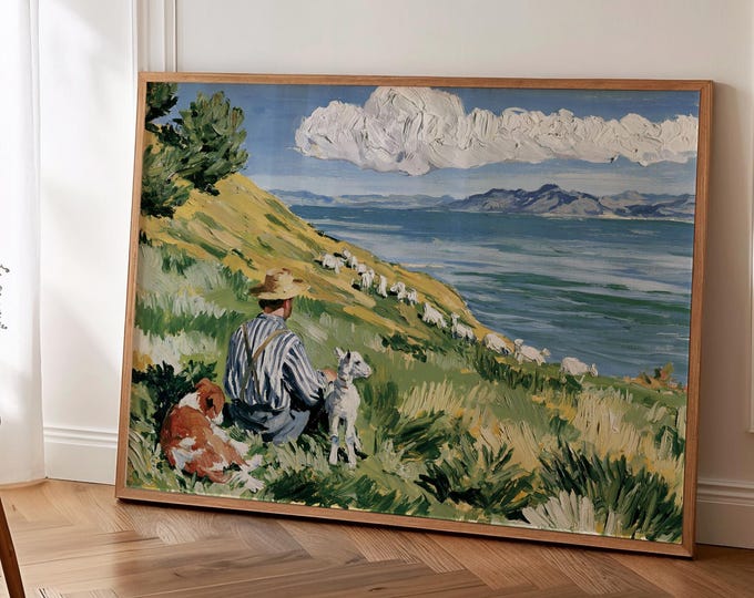 Pastoral Landscape Wall Art Print, Shepherd and Sheep Painting, Dog Countryside Art, Blue Lake Canvas, Farmhouse Country Wall Decor