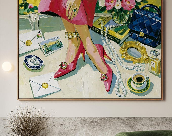 Preppy Wall Art Print, Chic Fashion Illustration, Pink Heels Painting, Feminine Room Decor, Coquette Aesthetic Art, Grandmillennial Decor