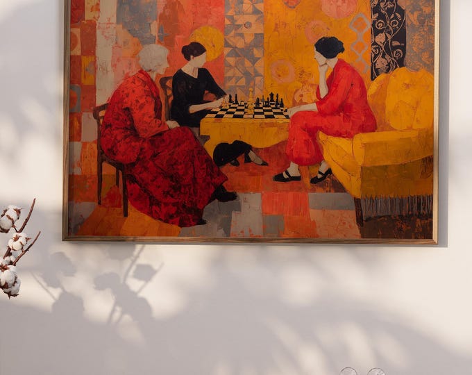 Women Playing Chess Painting, Post-Impressionist Art Print, Vintage Style Interior Decor, Yellow Room, Cozy Domestic Scene Wall Art