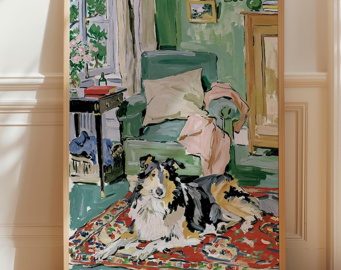Collie Dog Wall Art Print, Cozy Cottage Living Room Painting, Vintage Home Decor, Floral Interior Canvas, Pet Lover Gift