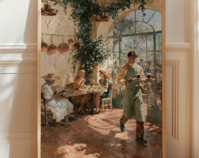 Italian Lemon Tree Cafe Wall Art Print, Mediterranean Restaurant Painting, French Bistro Decor, Amalfi Coast Kitchen Canvas, Oil Style Art
