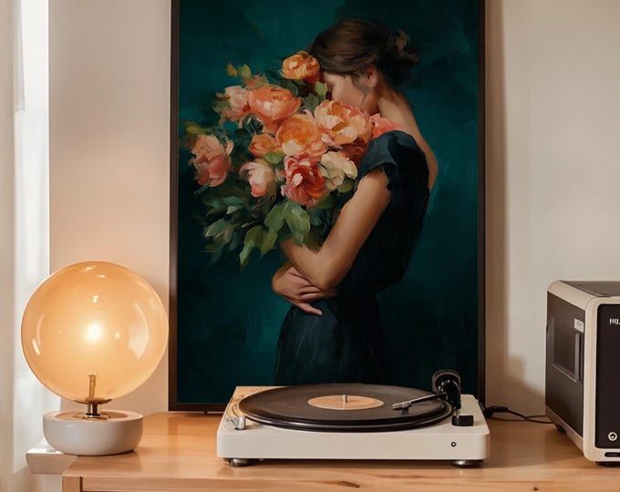 Moody Floral Portrait Oil Painting Print, Woman with Flowers Wall Art, Teal Room Decor, Fine Art Paper, Canvas, Framed Wall Art