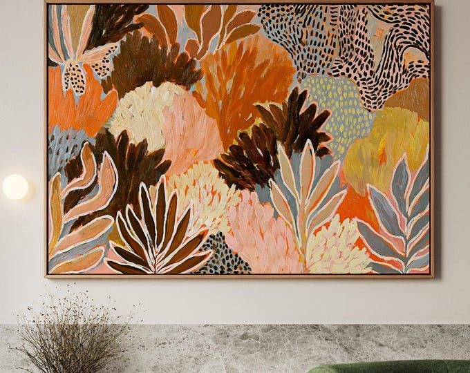 Colorful Abstract Botanical Wall Art Print, Maximalist Eclectic Decor, Vibrant Tropical Jungle Painting, Leopard Print Contemporary Art