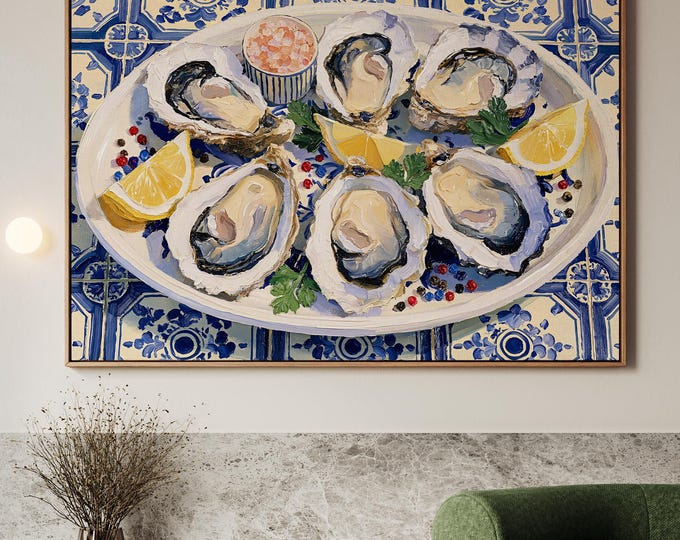 Blue White Oyster Wall Art Print, Coastal Kitchen Decor, French Seafood Painting, Mediterranean Dining Room Art, Oyster Oil Canvas