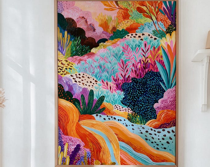 Colorful Abstract Landscape Wall Art Print, Maximalist Eclectic Home Decor, Funky Floral Painting, Vibrant Dopamine Artwork, Boho Arts