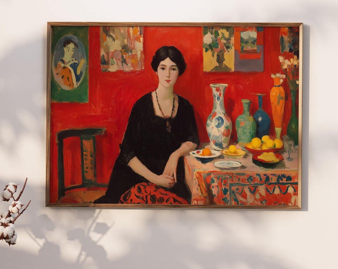 Matisse Style Red Interior Art Print, Elegant Woman Portrait Painting, Chinese Aesthetic Wall Decor, Vibrant Maximalist Oil Painting Poster