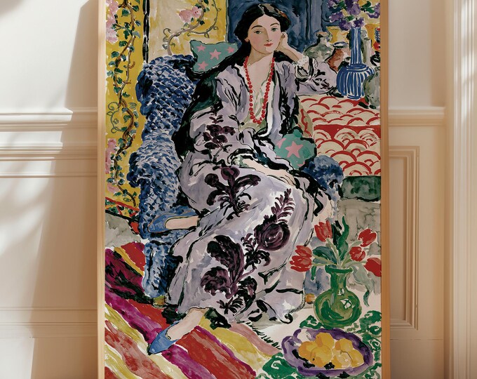 Matisse Inspired Woman Portrait Wall Art, Colorful Fauvist Interior Print, French Vintage Floral Decor, Maximalist Living Room Canvas