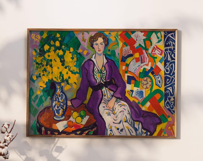 Matisse-Inspired Art Print, Woman in Purple Coat, Yellow Flowers & Oranges, Fauvism Painting, Colorful Wall Decor, Home Art Print