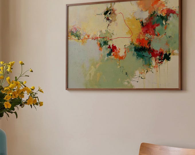 Green Abstract Wall Art Print, Colorful Botanical Painting, Modern Contemporary Art Print, Large Spring Floral Canvas, Living Room Decor