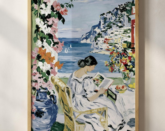 Coastal Reading Wall Art, Amalfi Coast Canvas Print, Woman Reading by the Sea, Mediterranean Landscape Painting, Italian Villa Decor