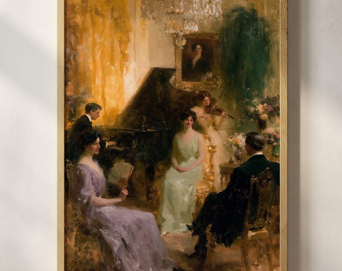 Elegant Piano Concert Wall Art Print, French Salon Painting, Classical Music Room Decor, Vintage European Interior Canvas Art