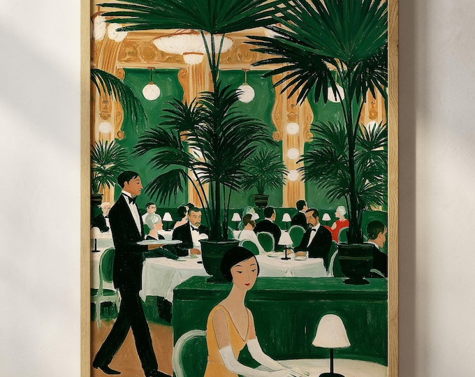 Elegant Paris Cafe Wall Art Print, French Restaurant Painting, Vintage Green Bistro Decor, Art Deco Dining Room Canvas, Old Money Art