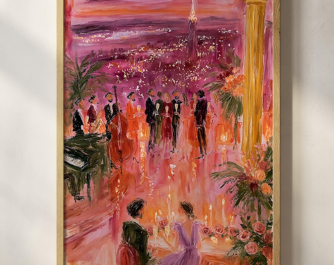 Luxury Cocktail Party Wall Art, Pink NYC Skyline Painting, Jazz Piano Lounge Canvas Print, Elegant Dinner Party Decor, Glam Cityscape Art