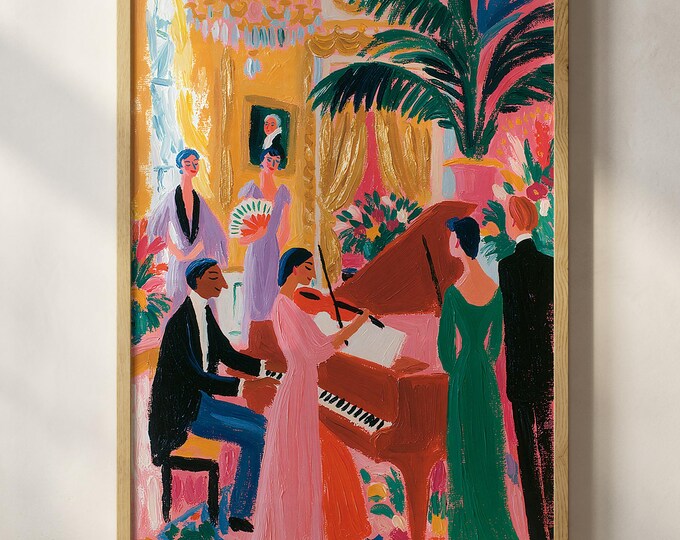 Elegant Piano Concert Wall Art Print, French Salon Painting, Classical Music Room Decor, Vintage European Interior Canvas Art