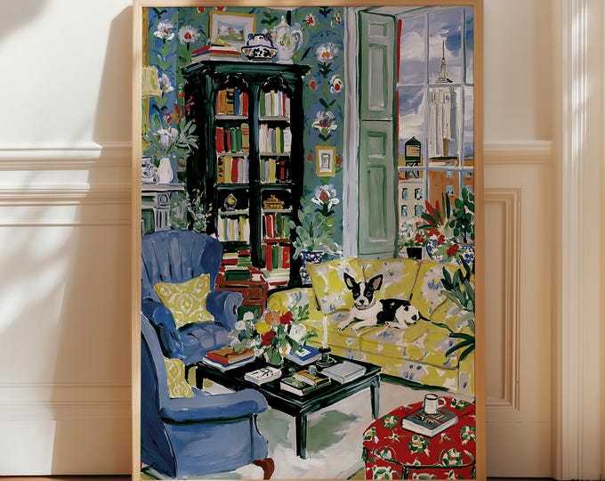 Boston Terrier Art, Apartment Print, Grandmillennial Decor, Maximalist Poster, Cozy Reading Nook, Dog Mom Book Lover Gift