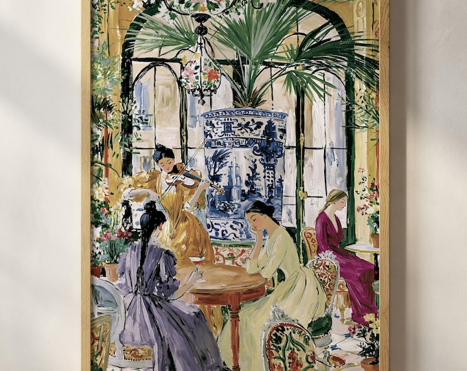 Elegant French Cafe Wall Art Print, Paris Tea Room Painting, Violin Music Art, Chinoiserie Blue White Vase Decor, Romantic Canvas