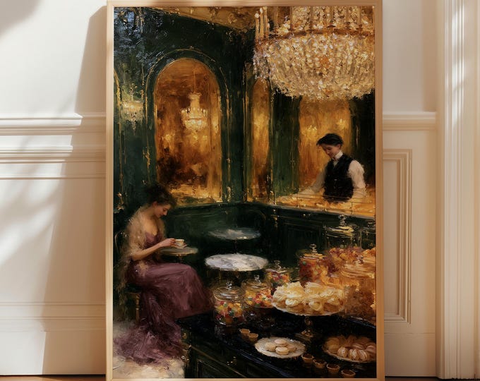 Luxury Paris Café Wall Art Print, Elegant Tea Room Canvas, French Patisserie Painting, Old Money Decor, Coffee Bar Wall Art