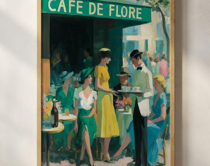 Vintage Paris Café Wall Art Print, French Bistro Painting, Parisian Street Scene Decor, Restaurant Wall Decor, Coffee Shop Artwork