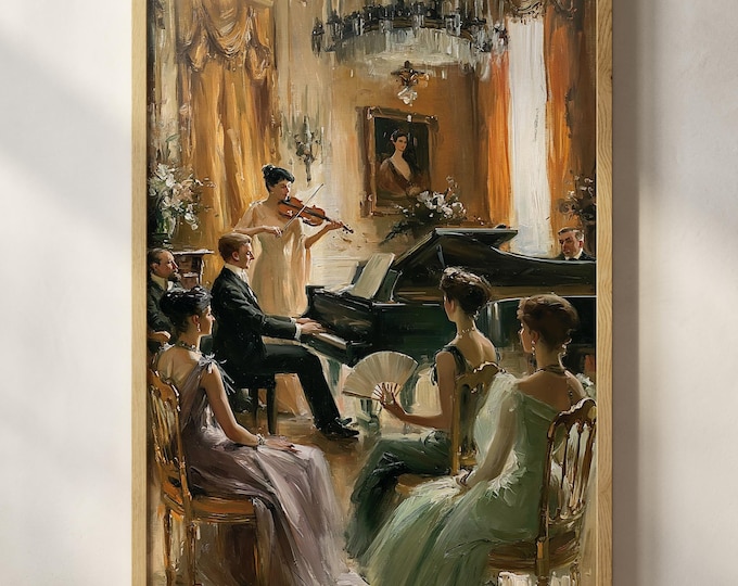 Elegant Piano Concert Wall Art Print, French Salon Painting, Classical Music Room Decor, Vintage European Interior Canvas Art