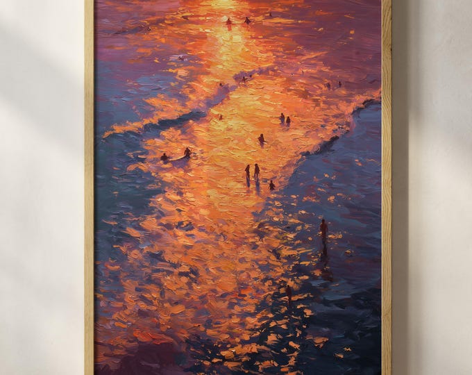 Aerial Beach Sunset Painting Print, Impasto Ocean Print, Vibrant Coastal Wall Art, People on Beach Art, Orange Purple Sea Decor