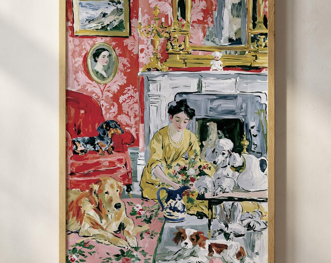 Elegant Lady with Dogs Wall Art Print, Grandmillennial Decor, Vintage English Cottage Painting, Pet Lover Canvas, Floral Home Art