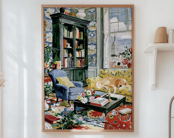 Golden Retriever Art, Living Room Print, Grandmillennial Room Decor, Maximalist Poster, Cozy Reading Nook, Dog Mom Book Lover Gift