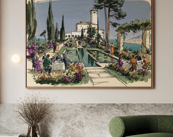 Mediterranean Villa Wall Art Print, Italian Coastal Landscape, Amalfi Coast Canvas, Old Money Decor, European Garden Painting