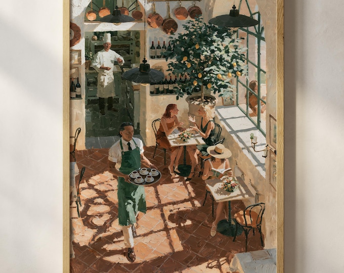 Italian Lemon Tree Cafe Wall Art Print, Mediterranean Restaurant Painting, French Bistro Decor, Amalfi Coast Kitchen Canvas, Oil Style Art