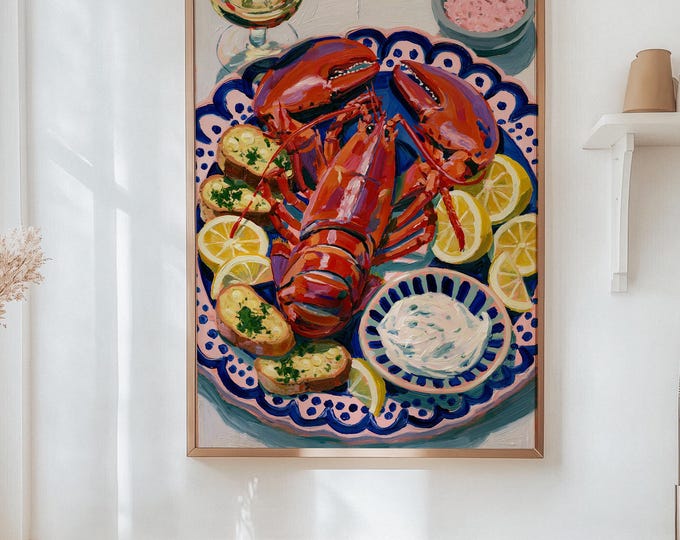 Coastal Lobster Wall Art Print, Nautical Kitchen Decor, French Seafood Painting, Lemon Lobster Canvas, Coastal Cottage Wall Decor