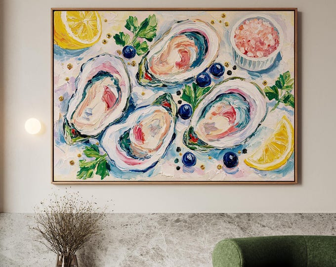 Oyster Wall Art Print, Coastal Kitchen Decor, French Seafood Painting, Lemon & Sea Salt Canvas, Mediterranean Dining Room Wall Art