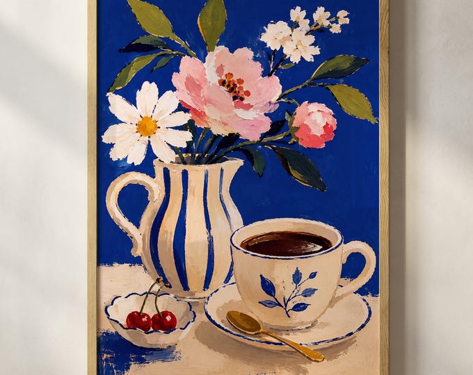 Preppy Floral Still Life Oil Painting Print, Blue Striped Vase and Coffee Cup Wall Art, Dopamine Kitchen Decor, Eclectic Framed Canvas