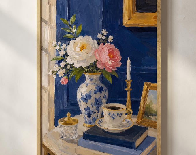 Chinoiserie Floral Still Life Oil Painting Print, Blue and White Vase Wall Art, Grandmillennial Preppy Decor, Framed Canvas