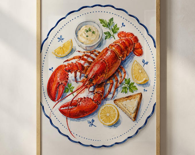 Coastal Lobster Wall Art Print, Nautical Kitchen Decor, French Seafood Painting, Lemon Lobster Canvas, Coastal Cottage Wall Decor