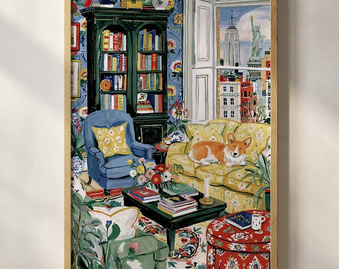 Corgi Wall Art, Living Room Print, Grandmillennial Room Decor, Preppy Maximalist Wall Art, Cozy Reading Nook, Dog Mom Book Lover Gift