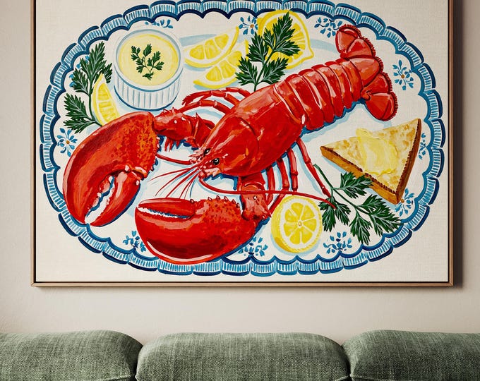 Coastal Lobster Wall Art Print, Nautical Kitchen Decor, French Seafood Painting, Lemon Lobster Canvas, Coastal Cottage Wall Decor