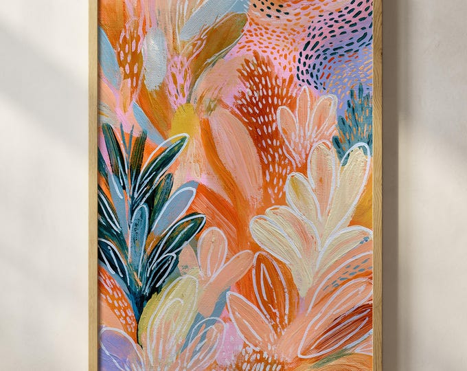 Colorful Abstract Botanical Wall Art Print, Maximalist Eclectic Decor, Vibrant Tropical Jungle Painting, Leopard Print Contemporary Art