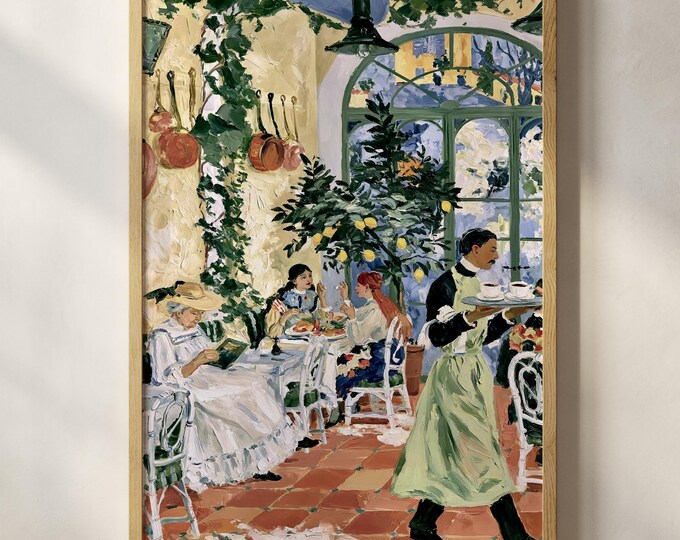 Italian Lemon Cafe Wall Art Print, Mediterranean Kitchen Painting, Amalfi Coast Restaurant Decor, French Bistro Canvas, Oil Style Art