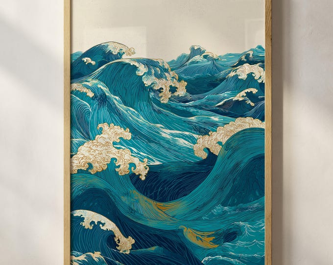 Japanese Woodblock Wave Print, Linocut Ocean Poster, Japandi Wall Art, Vintage Coastal Decor, Teal and Beige Sea Artwork, Nautical Art