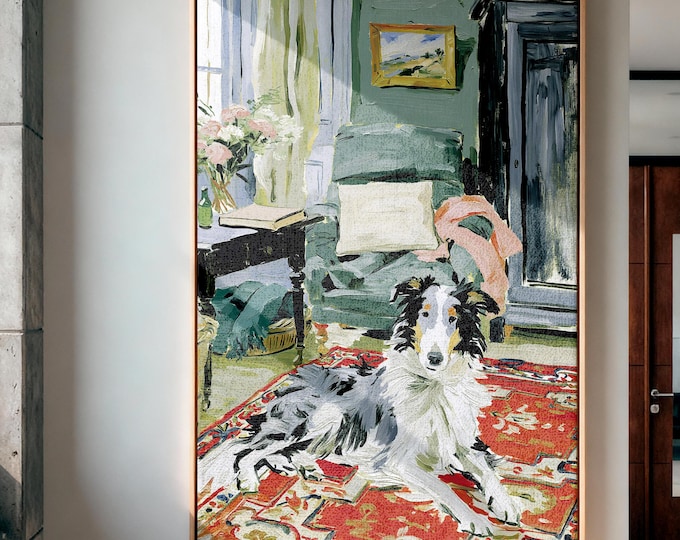Collie Dog Wall Art Print, Cozy Cottage Living Room Painting, Vintage Home Decor, Floral Interior Canvas, Pet Lover Gift