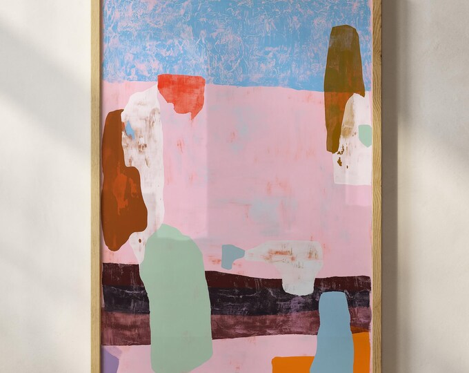 Modern Abstract Pastel Pink Wall Art, Colorful Organic Shapes Print, Large Textured Contemporary Painting, Mid Century Gallery Wall Decor