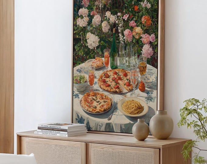 Pizza Pasta Oil Painting Print, Maximalist Kitchen Wall Art, Italian Dinner Print, Colorful Floral Garden Table Decor, Gift for Pizza Lover