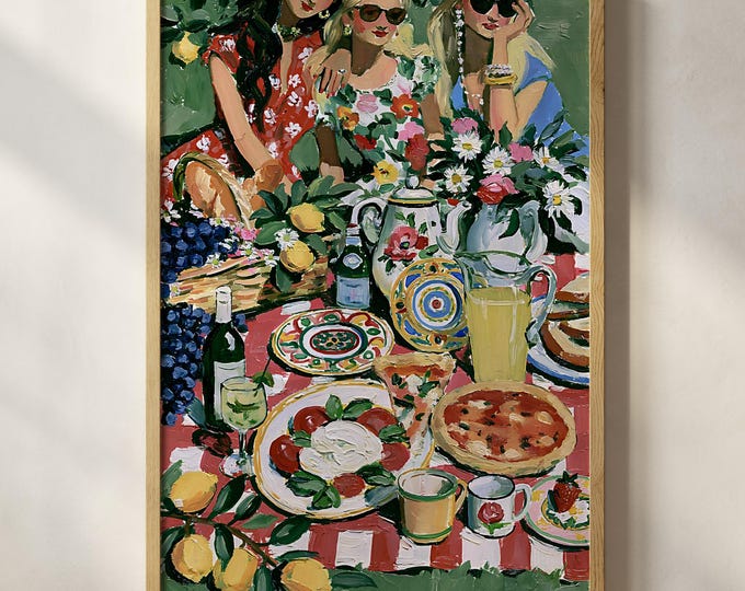 Best Friends Picnic Oil Painting Print, Mediterranean Food Wine Wall Art Print, Dolce Vita Artwork, Preppy Room Decor