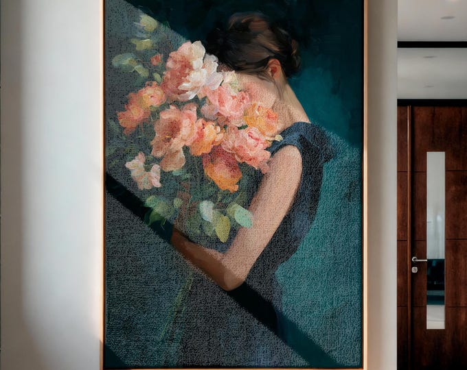 Moody Floral Portrait Oil Painting Print, Woman with Flowers Wall Art, Teal Room Decor, Fine Art Paper, Canvas, Framed Wall Art