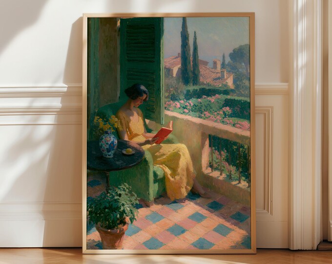 Woman Reading Wall Art, Mediterranean Terrace Canvas Print, Yellow Dress Painting, Italian Villa Decor, Book Lover Wall Art