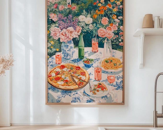 Pizza Pasta Oil Painting Print, Maximalist Kitchen Wall Art, Italian Dinner Print, Colorful Floral Garden Table Decor, Gift for Pizza Lover