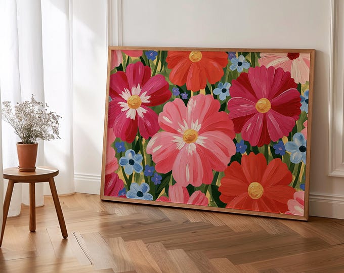 Colorful Floral Wall Art Print, Pink Orange Flower Painting, Wildflower Canvas Art, Botanical Wall Decor, Maximalist Home Decor