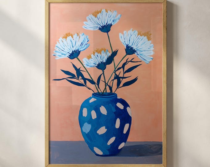 Blue and White Leopard Vase Floral Oil Painting Print, Peach and Navy Botanical Art, Preppy Room Decor, Eclectic Framed Canvas