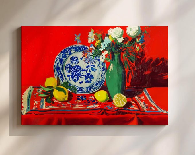 Vibrant Fauvism Still Life Art Print, Red Background, Blue & White Plate, Lemons, Green Vase, Colorful Wall Decor, Home Art Print