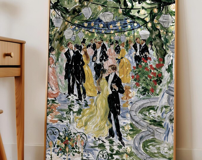 Romantic Garden Party Wall Art Print, Elegant Ballroom Dance Painting, Vintage Wedding Reception Decor, European Garden Canvas Art