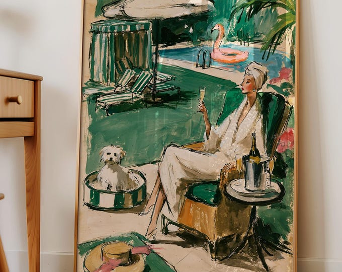 Poolside Fashion Wall Art Print, Chic Summer Resort Watercolor, Elegant Woman & Poodle Painting, Luxury Vacation Home Decor